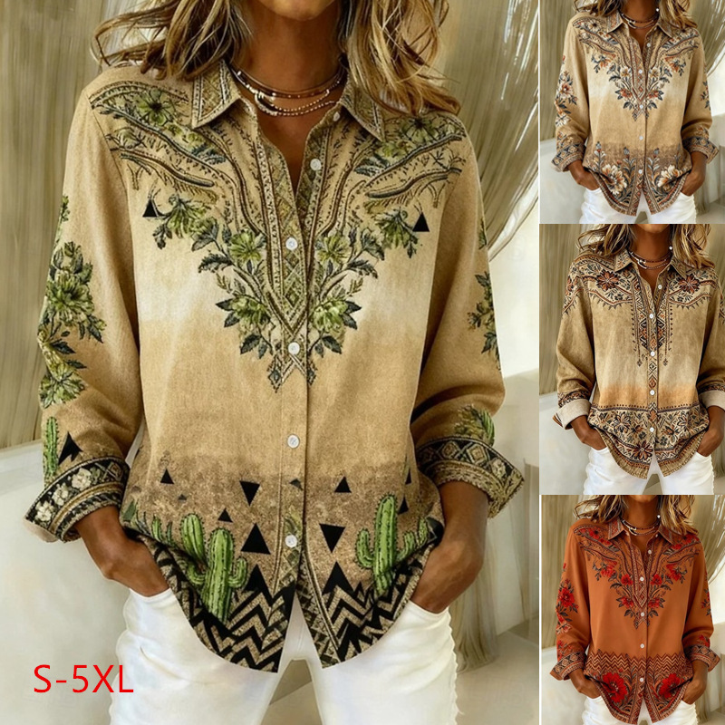 Loose-Fitting Long-Sleeve Lapel-Neck Printed Shirt 25 c0b461b8 b3f3 45e6 9d09 6d11c00e0502