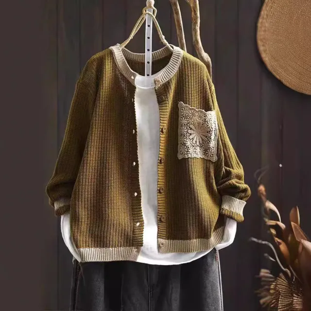Retro Knitted Cardigan Women Round Neck Loose Olive - Shop at LoveMi