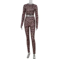 Women's Fashion Leopard Suit Tight Long Sleeves Cropped Top And Trousers Two-piece Suit - Leopard - View 1