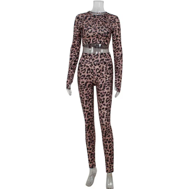 Women's Fashion Leopard Suit Tight Long Sleeves Cropped Top And Trousers Two piece Suit Leopard - Shop at LoveMi