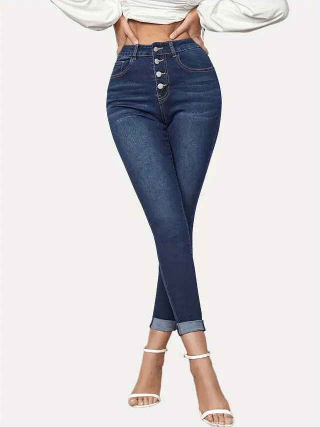 Contrast Color Slim Fit Stretch Rolled Hem Cropped Jeans Blue - Shop at LoveMi