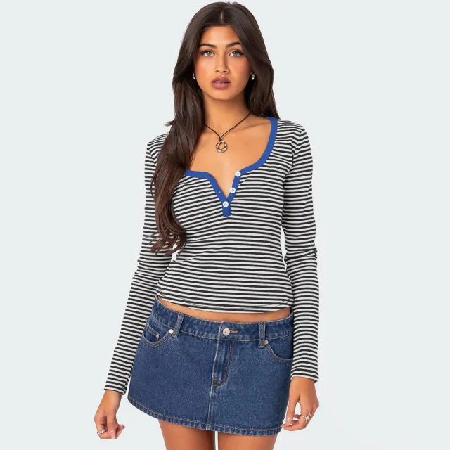 Contrast Color Striped Sweater Women's Button Slim T shirt Black - Shop at LoveMi
