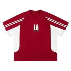 American Retro Mixed Colour Stripe Sports Embroidery Short Sleeve - Wine Red - View 1