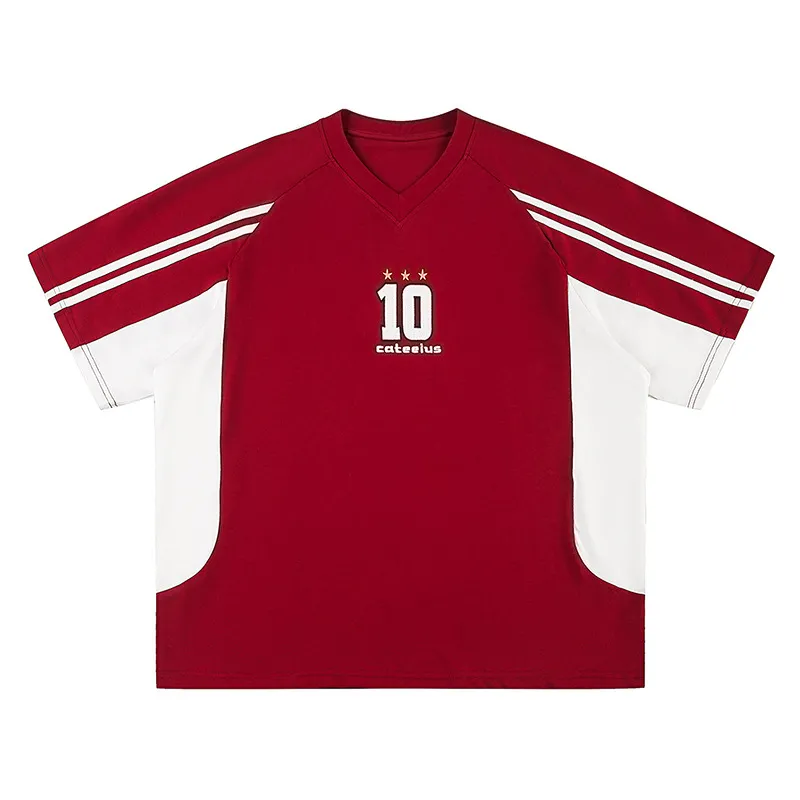 American Retro Mixed Colour Stripe Sports Embroidery Short Sleeve - Wine Red