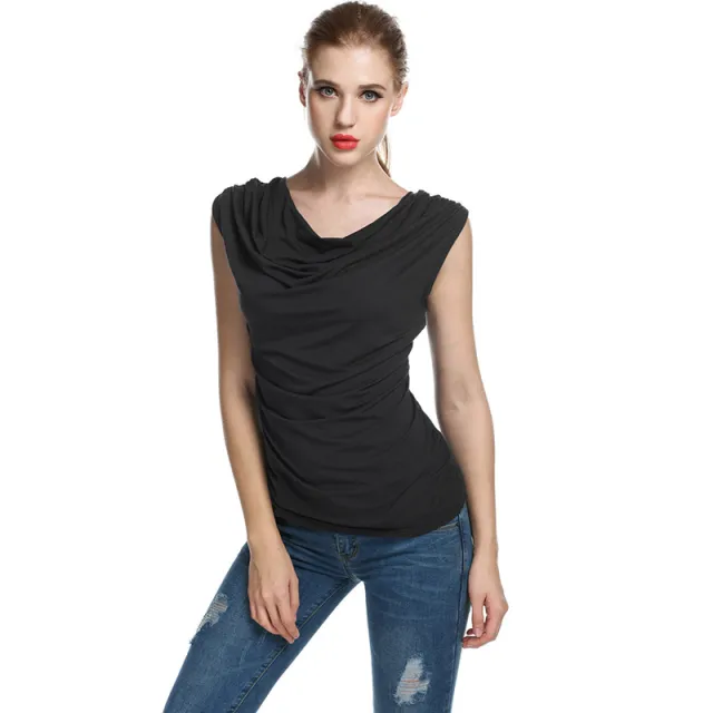 Bottoming Shirt Women's T shirt Round Neck Sleeveless Top Vest Pleated Slim Fit Black - Shop at LoveMi