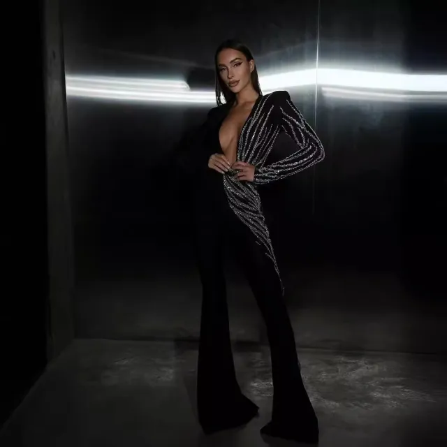 Elegant Deep V neck Long Sleeve Slim Fit Rhinestone Sequined Jumpsuit Black - Shop at LoveMi