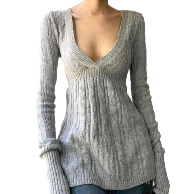 Summer New Fashion Sexy V neck Leisure Warm Comfortable Sweater Top Women Gray - Shop at LoveMi