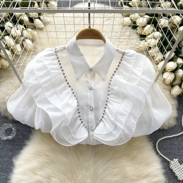 Thin See through Puff Sleeve Diamond Top White - Shop at LoveMi