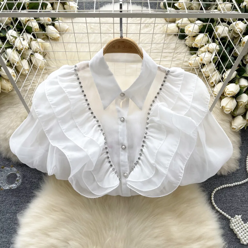 Thin See-through Puff Sleeve Diamond Top - White