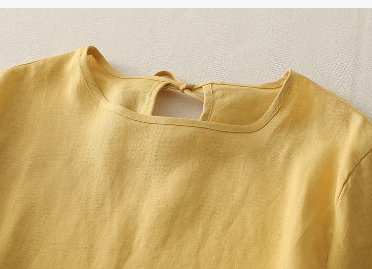 Retro Patchwork Cotton Short-Sleeve Shirt with Hollow-Back