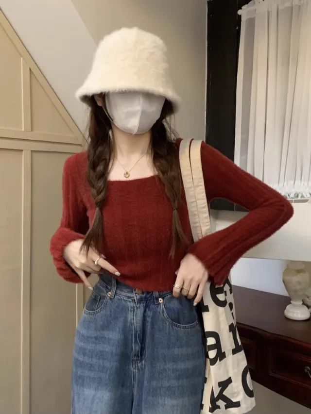 Pure Desire Style White Slim Fit Square Collar Bottoming Sweater Red - Shop at LoveMi
