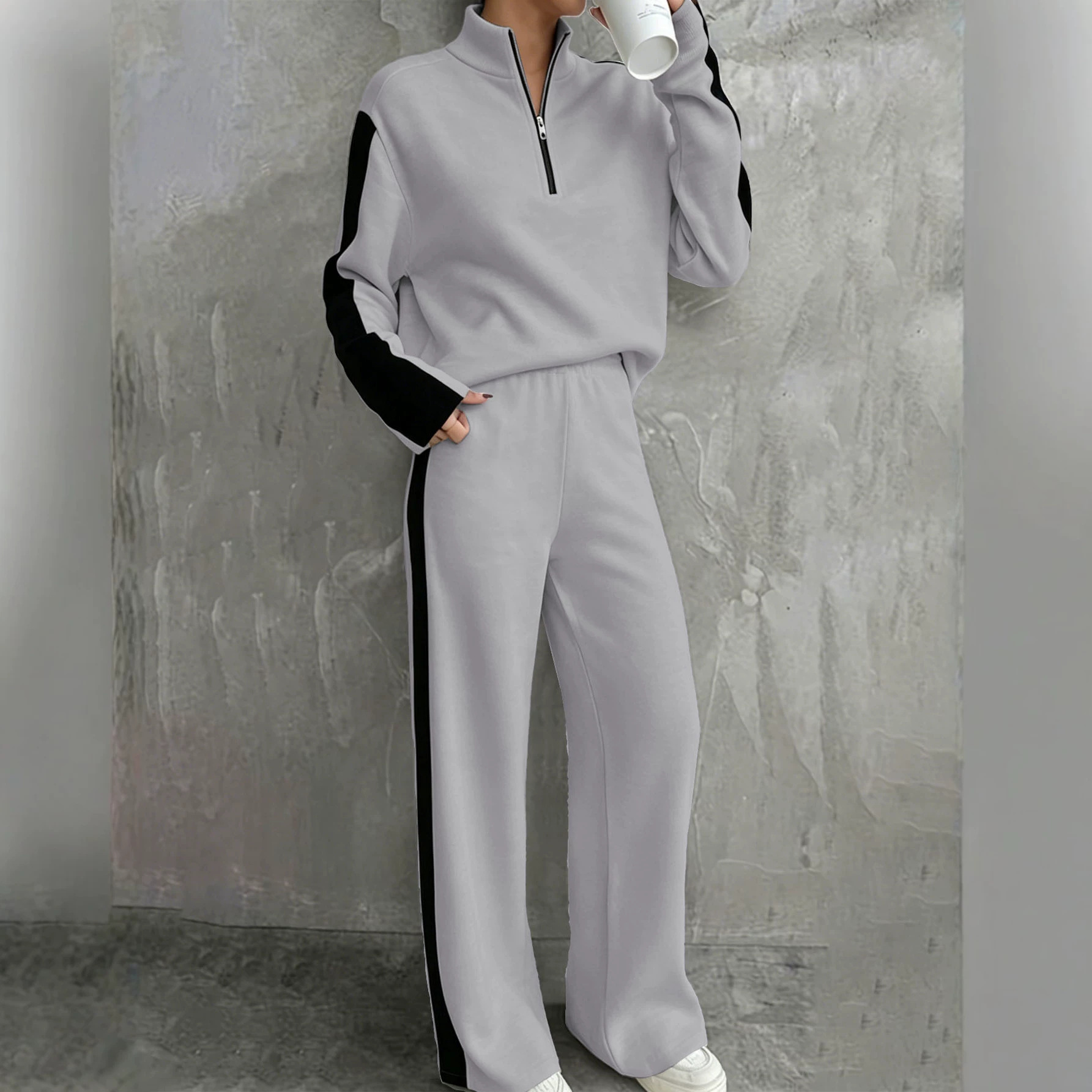 Fashionable Casual Patchwork Zip-up Half-collar Hoodie And Sweatpants Set