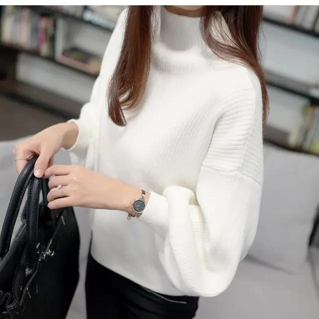 Half high Collar Short Lantern Sleeve Pullover Sweater Women White - Shop at LoveMi