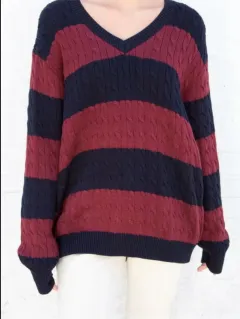 European And American Striped Cable-knit Sweater V-neck Loose Sweater For Women - Red - View 1