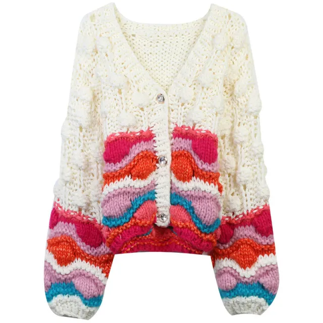 Heavy Manual Three dimensional Crocheted Flower Loose Knitted Cardigan White - Shop at LoveMi