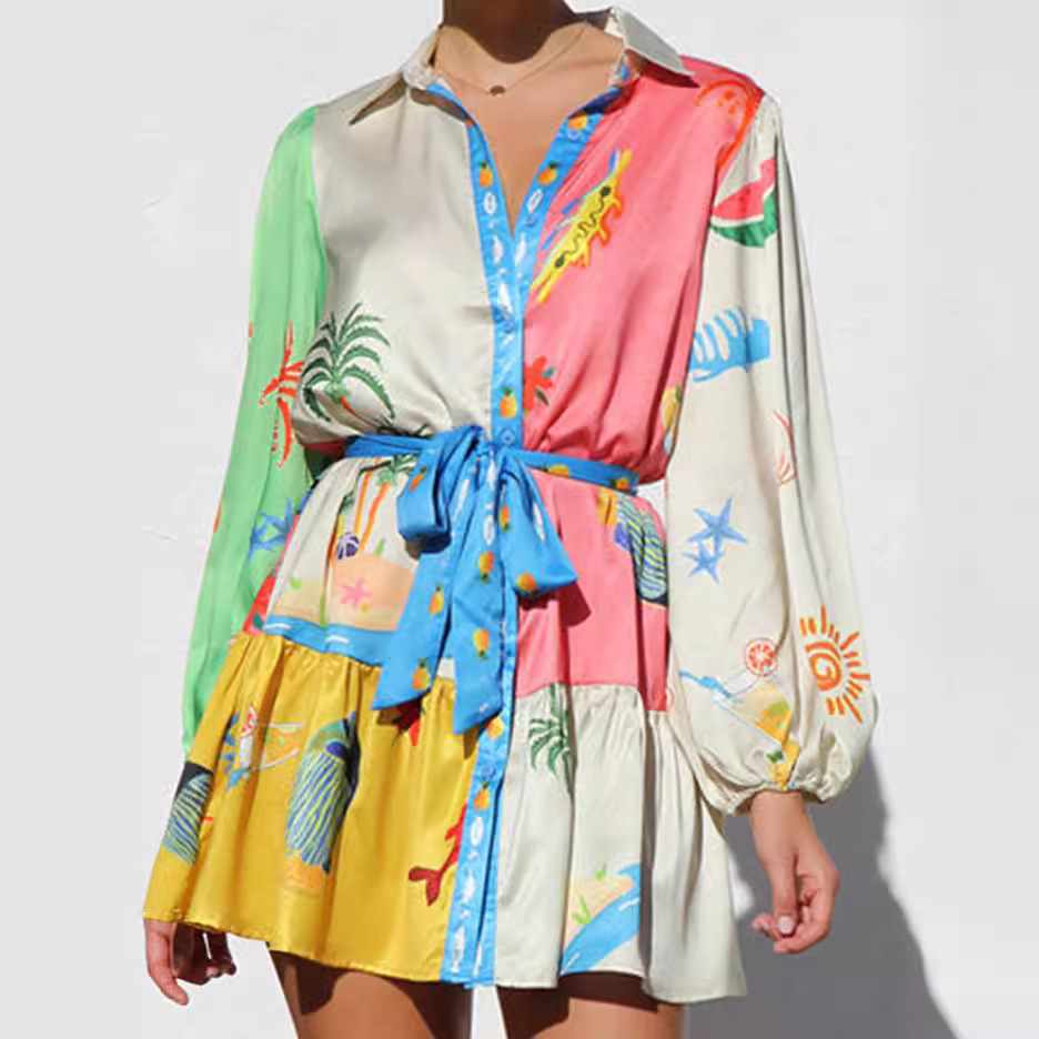 Fashion Casual Polo Collar Printed Lace-up Dress