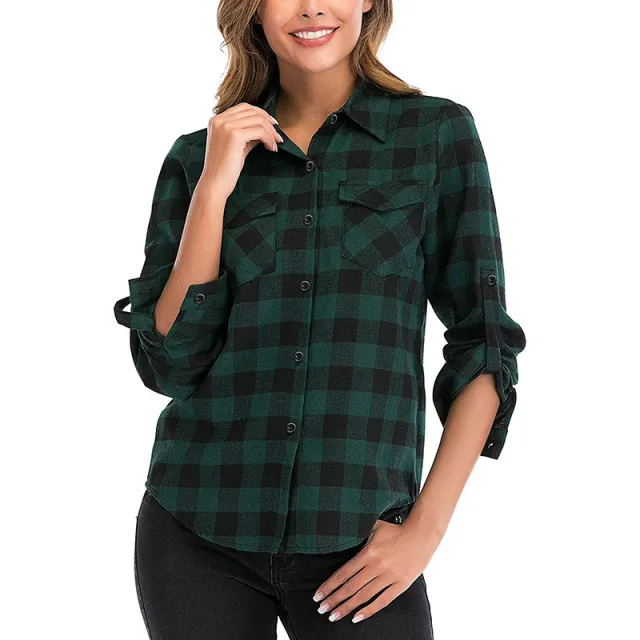 European And American Retro Plaid Women's Clothing All matching Lapel Long Sleeve Shirt Coat Green And Black - Shop at LoveMi