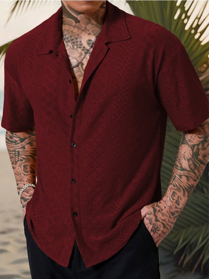 Mens Versatile Hollow-Out Jacquard Casual Shirt