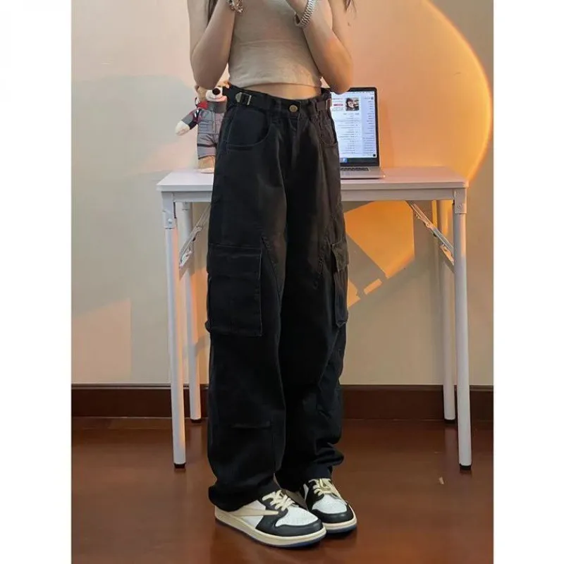 Retro Design Straight Mop Jeans - Black