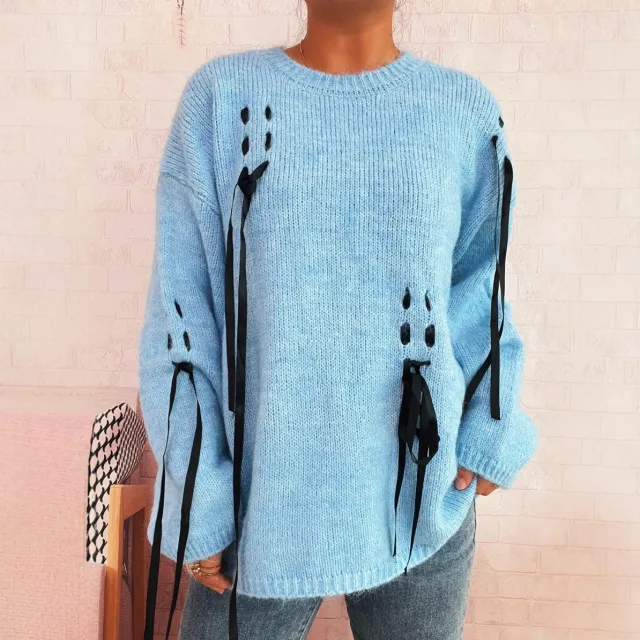 Handmade Lace up Knitted Round Neck Long Sleeve Loose Sweater Blue - Shop at LoveMi