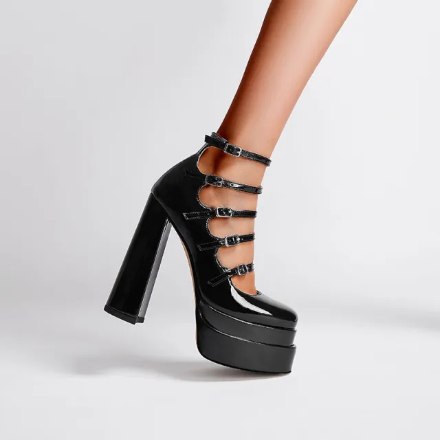 Patent Leather Waterproof Platform Square Toe Hollow Belt Buckle Buckle High Heels Black - Shop at LoveMi