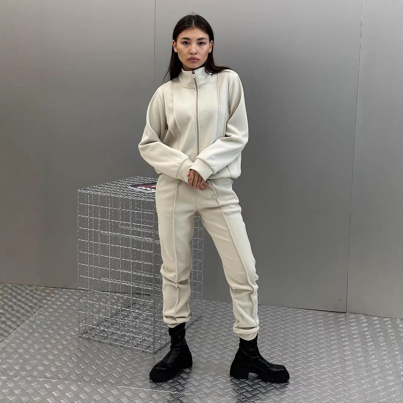 Solid Color Skin Friendly Womens Outerwear Set Featuring A Stand Up Collar And Zipper