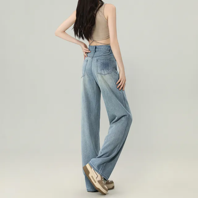 High Waist Straight leg Wide leg Pants Blue Lengthened - Shop at LoveMi