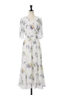 Shawl Sleeve V-neck Back Lace-up Rose Print Dress - Opal Green - View 1