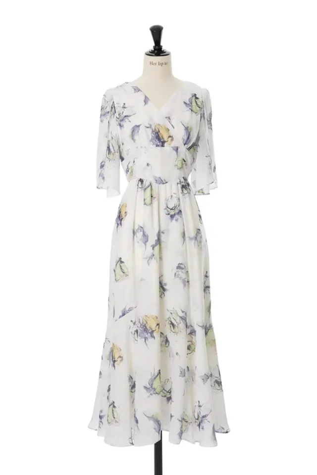 Shawl Sleeve V neck Back Lace up Rose Print Dress Opal Green - Shop at LoveMi