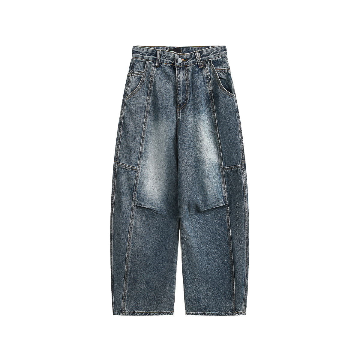 Retro Pleated Washed Denim Jeans Mens Straight-Leg Loose-Fit