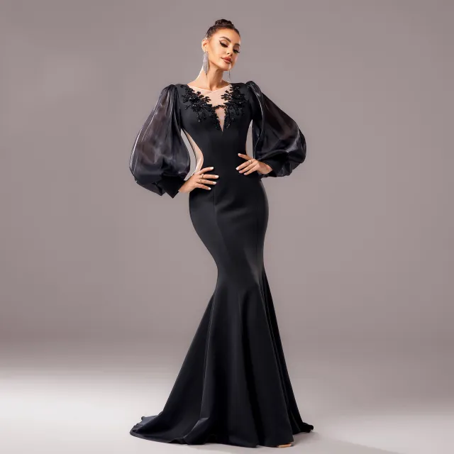 Long Sleeve Round Neck Banquet Applique Sheath Fishtail Dress Black - Shop at LoveMi