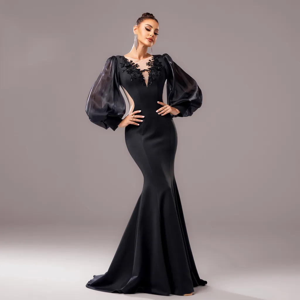 Long Sleeve Round Neck Banquet Applique Sheath Fishtail Dress - Black