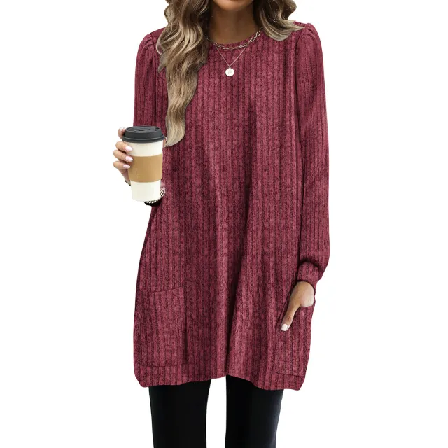 Pocket Lengthened Loose Casual Bubble Long sleeved Shirt Rouge Color - Shop at LoveMi