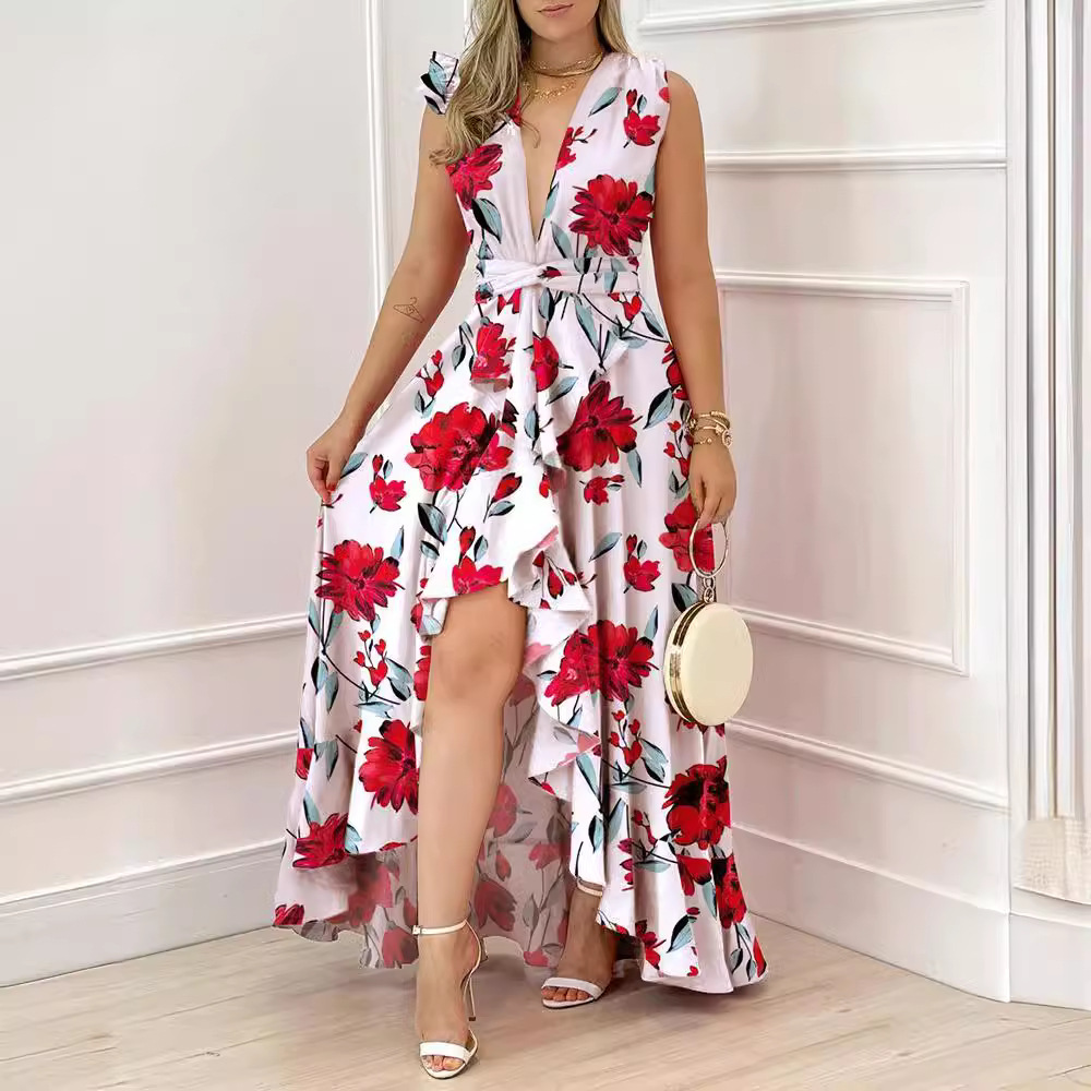 Women's High-waisted Red Stand Collar Printed Commuter Sleeveless Dress - Image 3