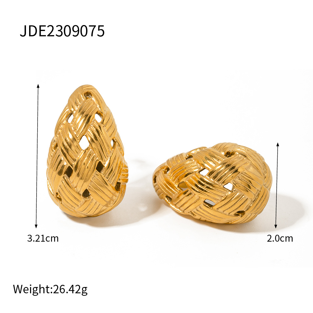 Woven Texture Water Drop Titanium Steel Gold Ear Rings