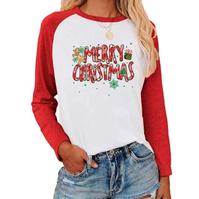 Christmas Pattern Printed Raglan Color Contrast Long Sleeve T shirt Women Red - Shop at LoveMi