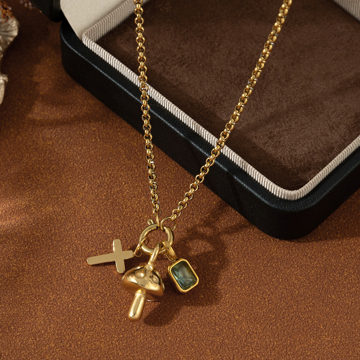 European And American Fashion Commuter Stainless Steel Cross Shelf Mushroom Pendant Niche Color Zircon Necklace