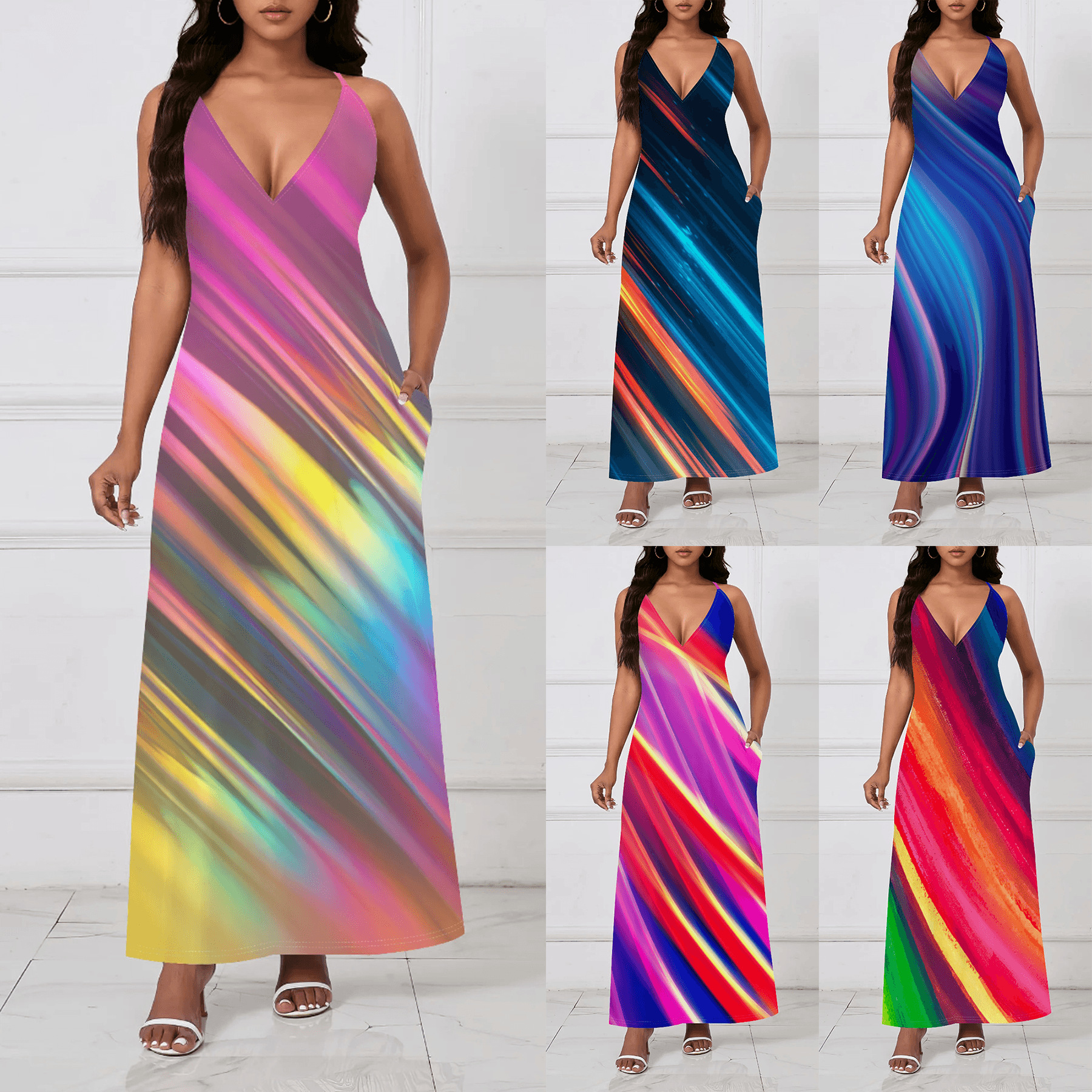 Bold Colorful Patterned Loose-fitting Sexy Backless Slip Dress