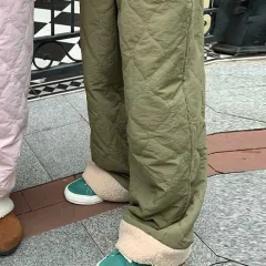 Autumn And Winter Diamond Plaid Thickened Polar Fleece Cotton Pants - Army Green - View 1