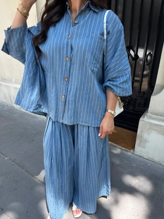 Casual Striped Shirt Wide Leg Pants Suit Blue - Shop at LoveMi