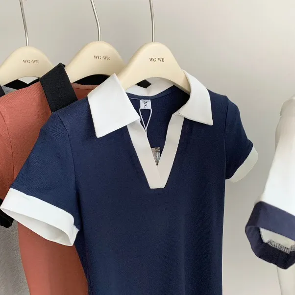 V collar Contrast Color Polo Shirt Short Slim T shirt Top Blue - Shop at LoveMi