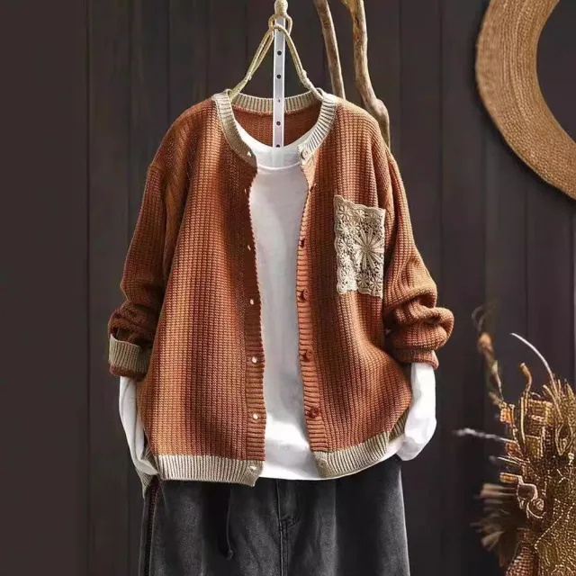 Retro Knitted Cardigan Women Round Neck Loose Orange - Shop at LoveMi