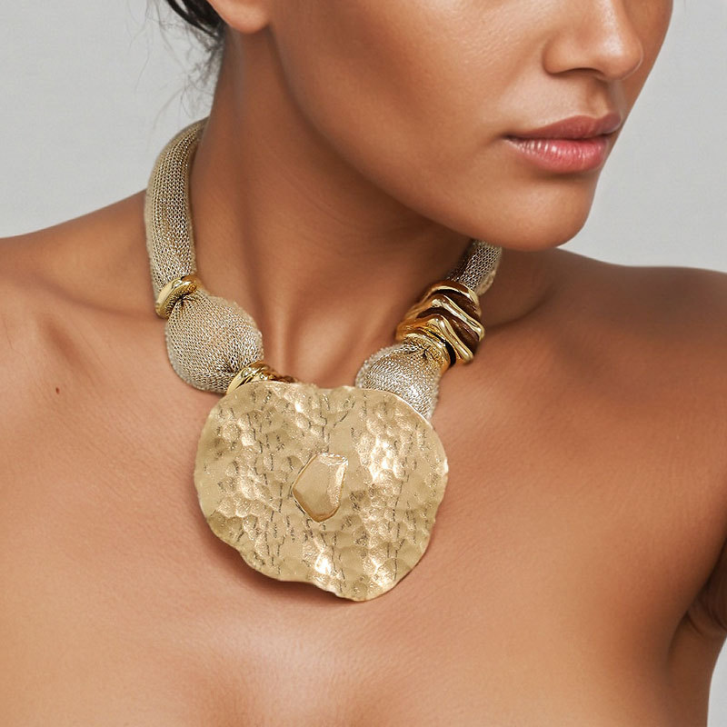 Womens Gold Mesh Chain Necklace With Hammered Pendant