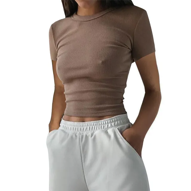 Women's Basic Style Rib T shirt Dark Brown - Shop at LoveMi