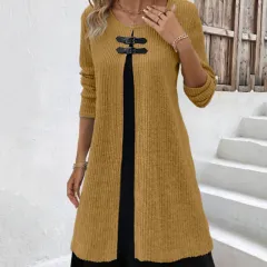 Contrast Colour False Two-piece Suit Button Slim Fit Dress Sweater - Yellow - View 1