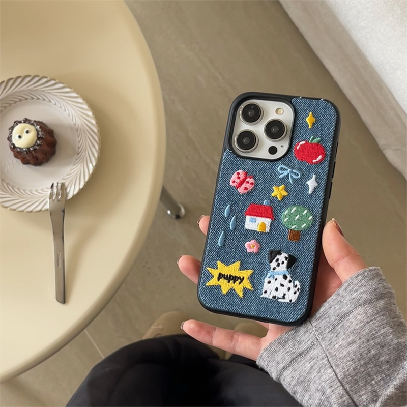 Embroidered Denim Dalmatian Dog Design Suitable For 16 Pro Max