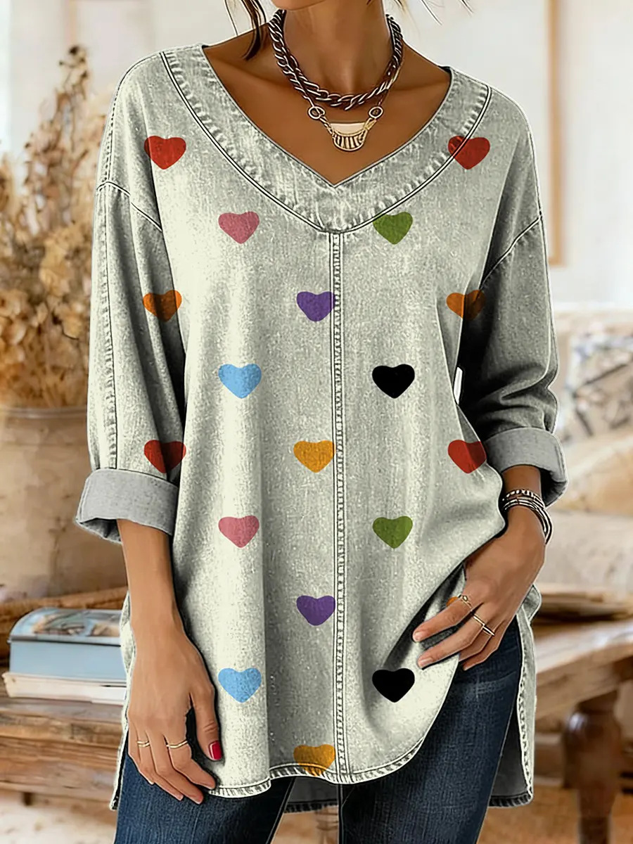 Retro Botanical Print Relaxed-fit Long-sleeve Casual Top