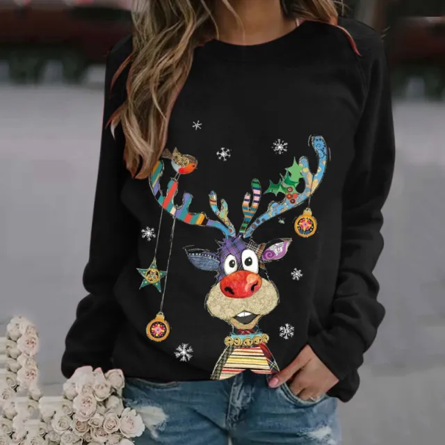 Christmas Pattern Printing Long Sleeve Crew Neck Sweater Black - Shop at LoveMi
