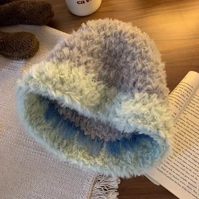Plush Knitted Hat Women's Winter Earmuffs Show Face All matching Green Blue Gray Plush - Shop at LoveMi