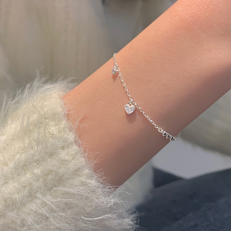 925 Sterling Silver Glossy Loving Heart Zircon Bracelet